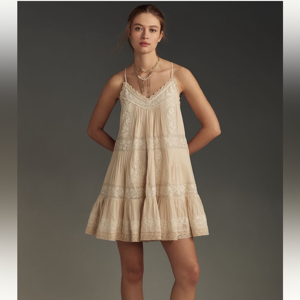 Anthropologie Embroidered Spaghetti Strap Dress boho lacey